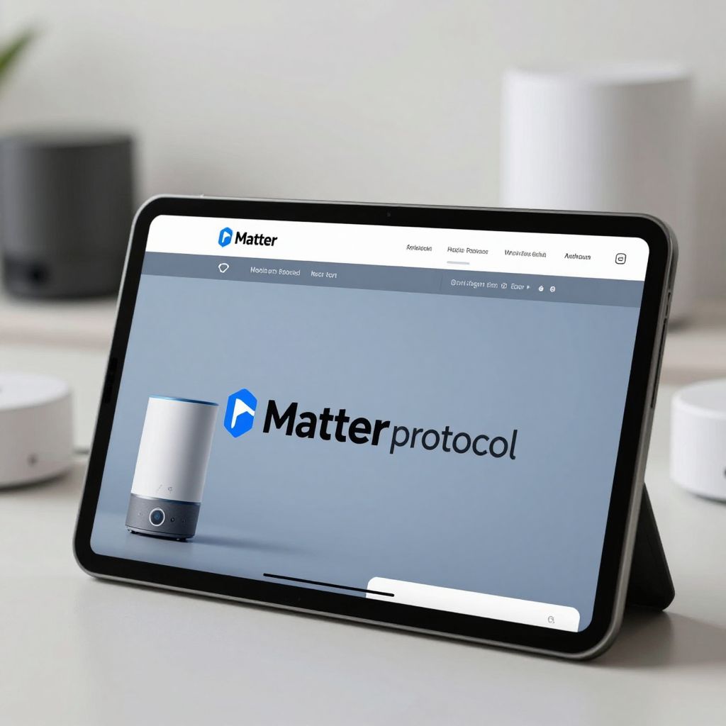 Matter protocol logo and smart home devices
