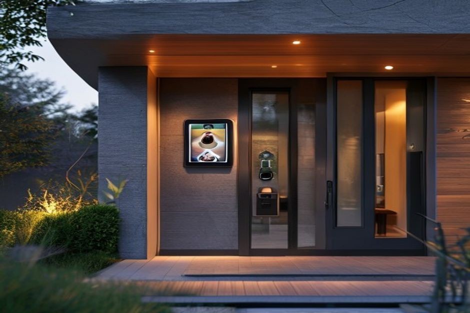 Smart Home Video Doorbell Lifestyle 2026 Smart home front door with video doorbell and phone app showing camera feed 2026