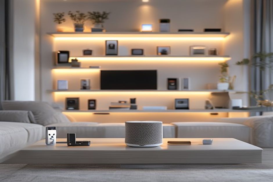 Modern smart home setup with Matter-compatible hub devices connecting multiple smart devices